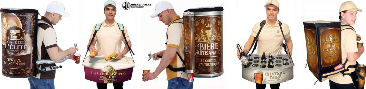 Sac à dos distributeurs professionnels Rocket Packs pour bière pression, boissons, café, glaces et vente mobile lors d'événements, festivals, salons et opérations promotionnelles.