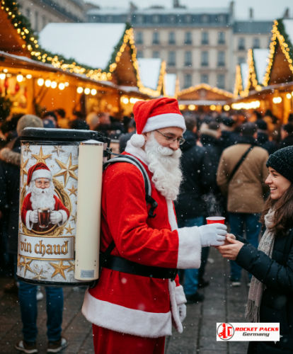 Vendeur ambulant portant un sac à boissons vin chaud au marché de Noël de Madrid sur la Plaza Mayor, distribuant des boissons chaudes directement au public au milieu des lumières, décorations, chalets en bois et ambiance hivernale festive.