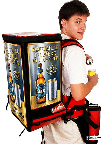 Sac à dos professionnel compartimenté pour le transport sécurisé et la vente de bouteilles de bière dans un stade.